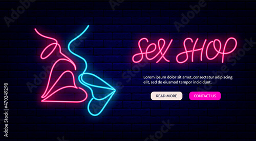 Sex shop neon landing page. Man and woman kiss sign on brick wall background. Isolated vector illustration