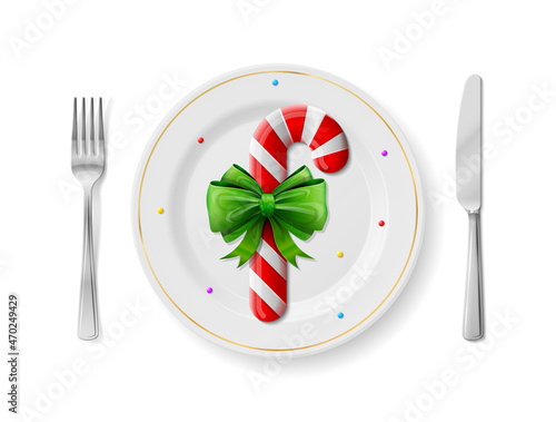 Candy cane is on plate with fork and knife, top view. Dinner plate with candy stick inside and cutlery set on sides. Vector image about christmas, confectionery, table setting, new years day, dessert