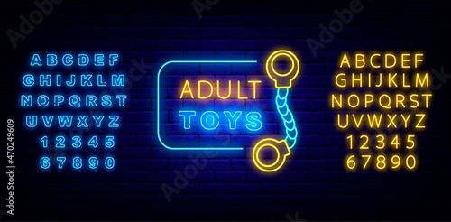 Adult toys neon sign with alphabet. Shiny handcuffs. Sexual accessory promotion. Vector stock illustration