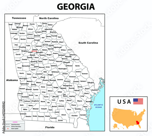 Georgia Map. Political map of Georgia with boundaries in white color.