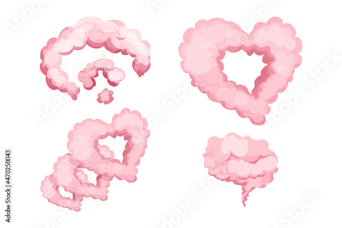 Set pink clouds, fluffy magic in cartoon style isolated on white background. Collection smoke, fog cute decoration. Ui game asset.