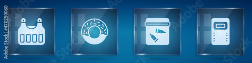 Set Bulletproof vest, Donut, Evidence bag with bullet and Police assault shield. Square glass panels. Vector
