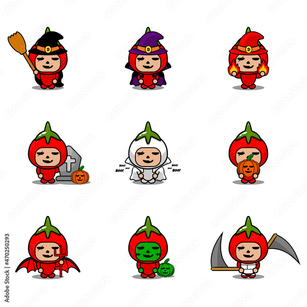 Fototapeta premium Vector cartoon character Vegetable tomato Mascot Costume Halloween Bundle Set