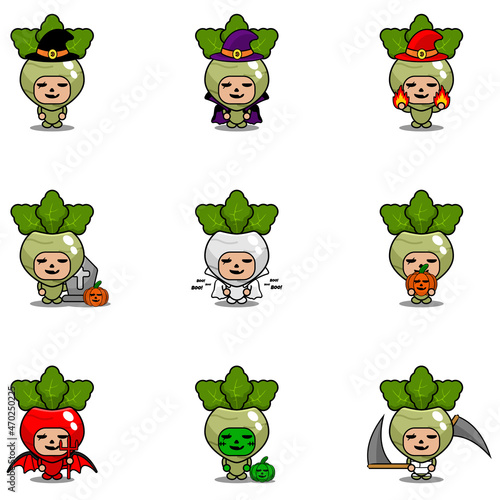 Vector cartoon character Vegetable kohlrabi Mascot Costume Halloween Bundle Set