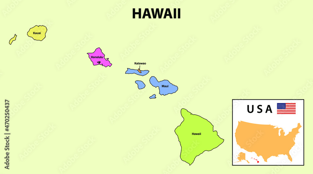 Hawaii map. District map of Hawaii. District map of Hawaii in color