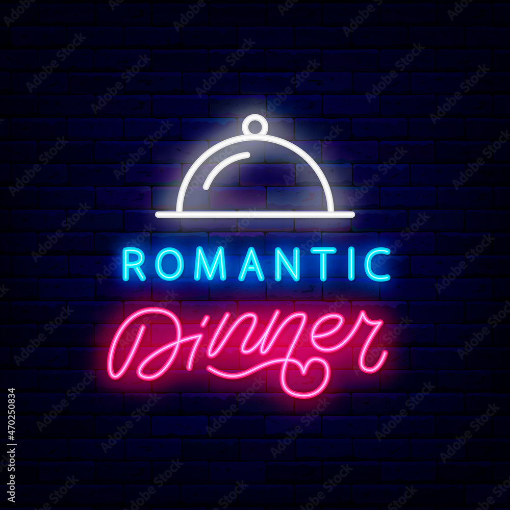 Romantic dinner neon signboard for cafe, restaurant. Couple date. Happy Valentines Day. Isolated vector illustration Romantic dinner neon signboard for cafe, restaurant. Couple date. Happy Valentines Day. Isolated vector illustration
