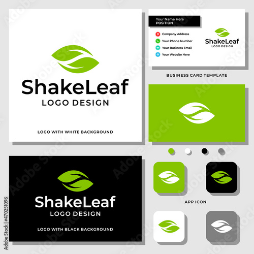 Two leaves and symbol shaking hands logo design with business card template.