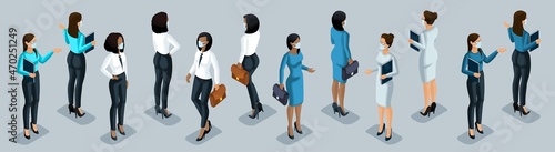 Isometry is a business woman. 3D women, front and back view, maintain social distance during epidemic. Girl for vector illustration