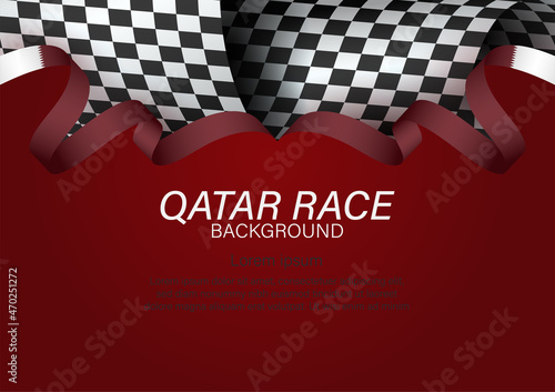 racing flag with Qatar flag color ribbon, Vector Illustration