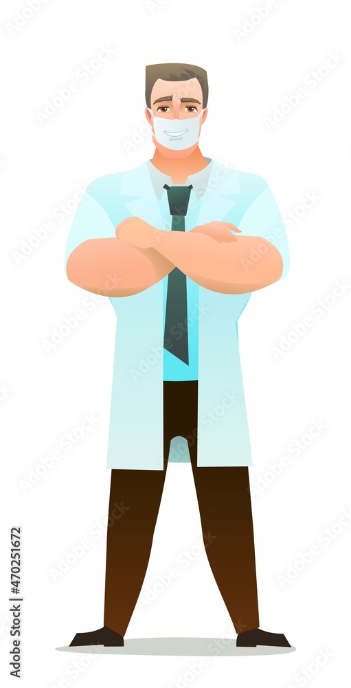 Optimistic doctor in dressing gown and humor mask. Cheerful persons in standing pose. Cartoon comic style flat design. Separate character. Illustration isolated on white background. Vector