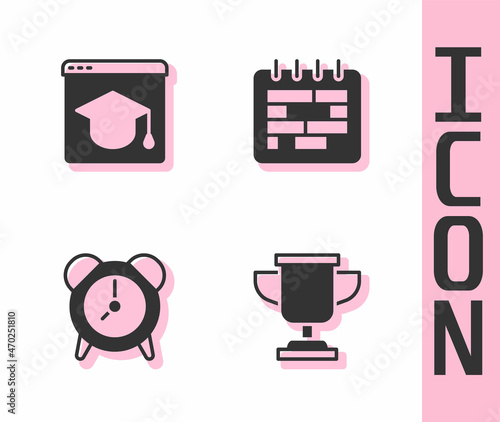 Set Award cup, Online education, Alarm clock and Calendar icon. Vector