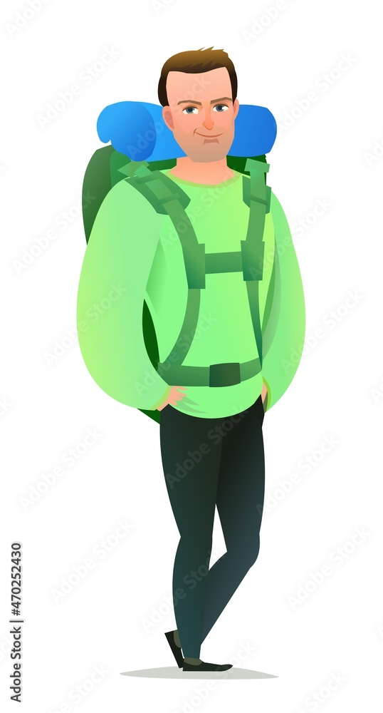 Man tourist backpacker. Guy with backpack on his back. Cheerful person. Standing pose. Cartoon comic style flat design. Single character. Illustration isolated on white background. Vector