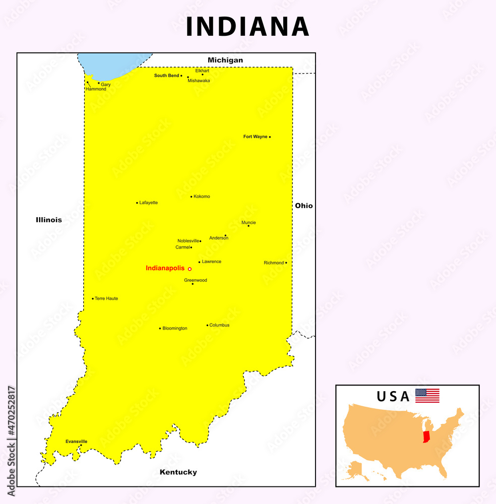 Indiana map. State and district map of Indiana. Administrative and 