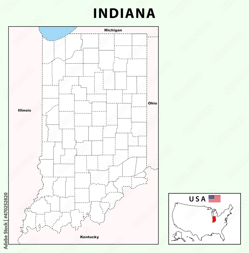 Indiana Map. Political map of Indiana with boundaries in Outline. Stock