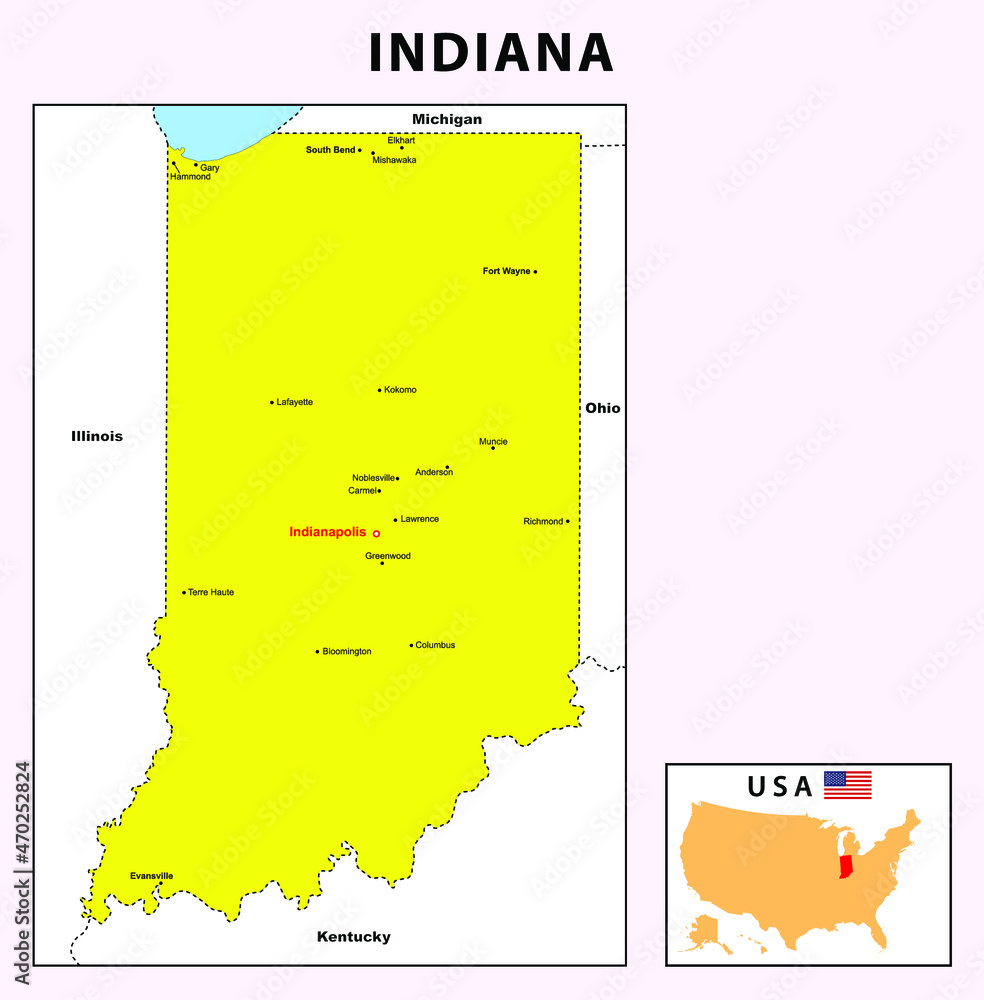 Indiana map. State and district map of Indiana. Administrative and