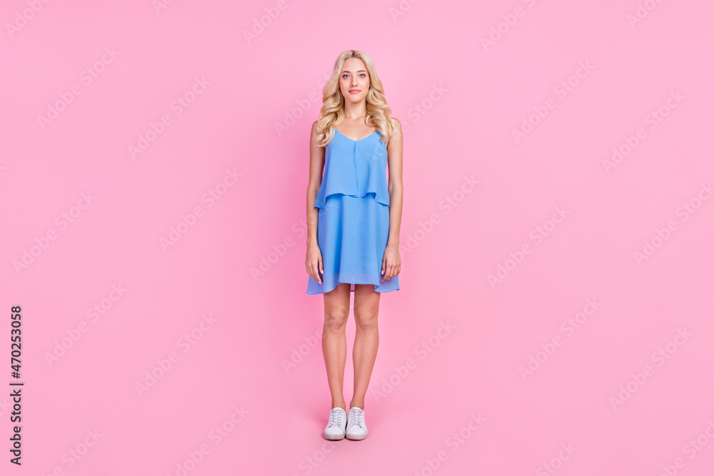 Full length photo of young attractive woman happy positive smile wear glamour dress isolated over pink color background Full length photo of young attractive woman happy positive smile wear glamour dress isolated over pink color background