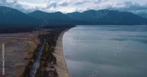 Aerial over a pier onto Lake Tahoe