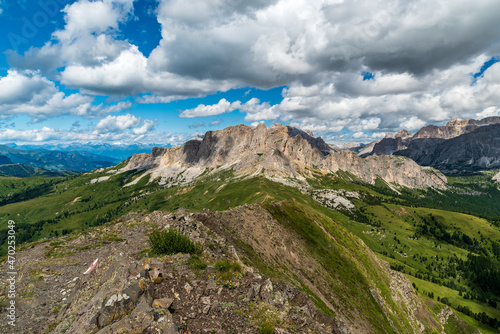 Setsass mountain ridge and Zillertal Alps on the background from Monte Sief mountain peak in Dolomiti mountains in Italy