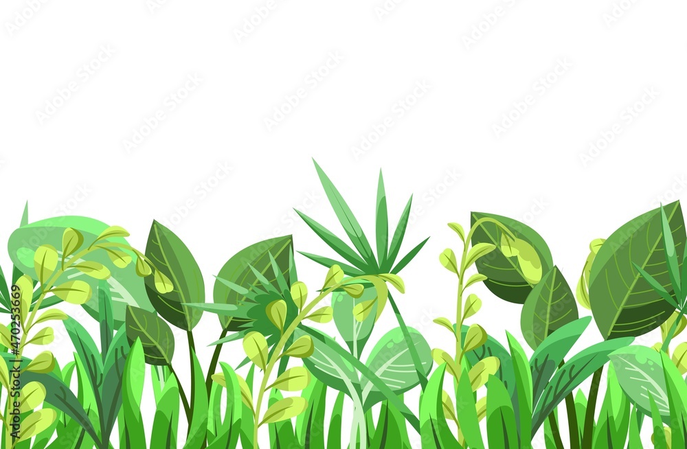 Tropical herbs and shrubs. Jungle meadow. Shoots of palm trees and nice summer weather. Isolated on white background. Funny cartoon style. Green countryside landscape. Juicy greens. Vector. Tropical herbs and shrubs. Jungle meadow. Shoots of palm trees and nice summer weather. Isolated on white background. Funny cartoon style. Green countryside landscape. Juicy greens. Vector.