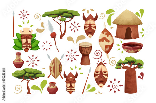 Set African hut with straw roof, baobab shield with spear, tribal mask, drum in cartoon style isolated on white background. Safari tribal collection, rural desert building.