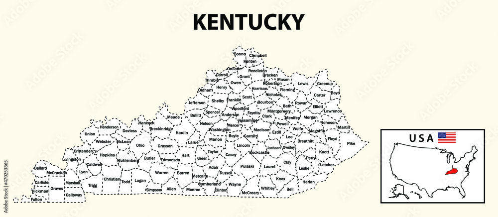 Naklejka premium Kentucky Map. State and district map of Kentucky. Administrative and political map of Kentucky with district and capital in white color.