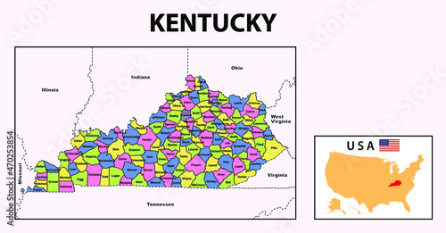Kentucky Map. State and district map of Kentucky. Administrative and political map of Kentucky with neighboring countries and borders. photo