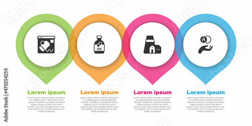 Set Data visualisation, Medicine bottle and pills, Power station plant and Atom. Business infographic template. Vector