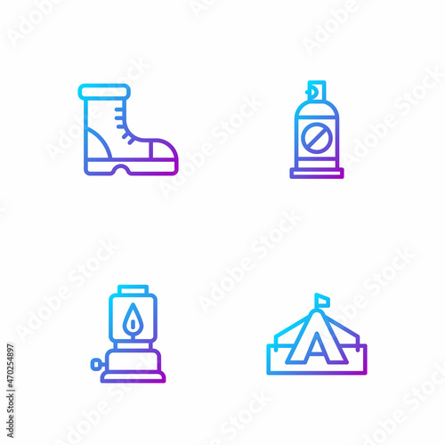 Set line Tourist tent, Camping lantern, Hunter boots and Spray against insects. Gradient color icons. Vector