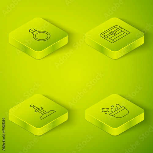 Set Isometric line Antique treasure chest, Sword in the stone, Witch cauldron and Magic ring with gem icon. Vector