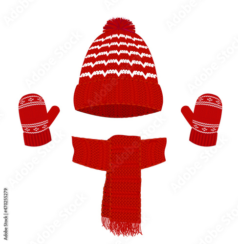 Winter set, cap, scarf and gloves, vector