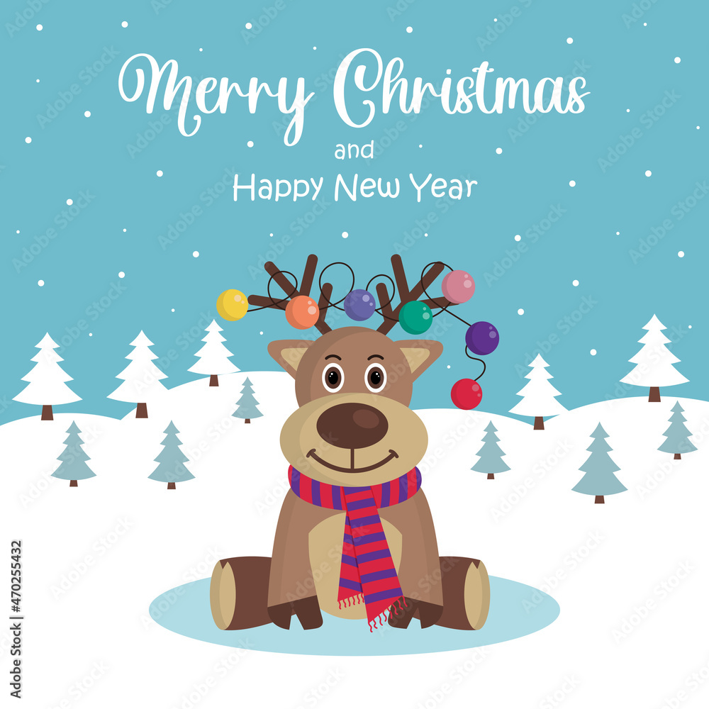 Christmas Deer with decoration balls on antlers. Christmas card. Merry Christmas and Happy New Year.