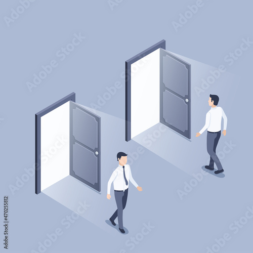 isometric vector illustration on gray background, open door with light and man in business clothes entering and exiting, doors of opportunities