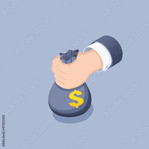 isometric vector illustration on gray background, male hand holding a bag of money with dollar sign, give money or bribe