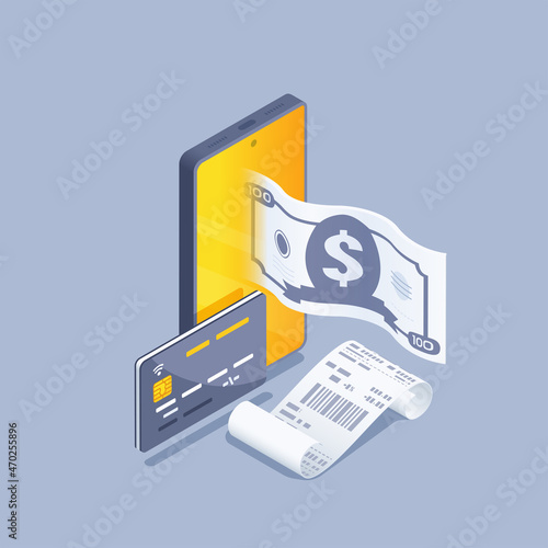 isometric vector illustration on gray background, smartphone and bank card, dollar bill and sales receipt, pay by phone or online payment