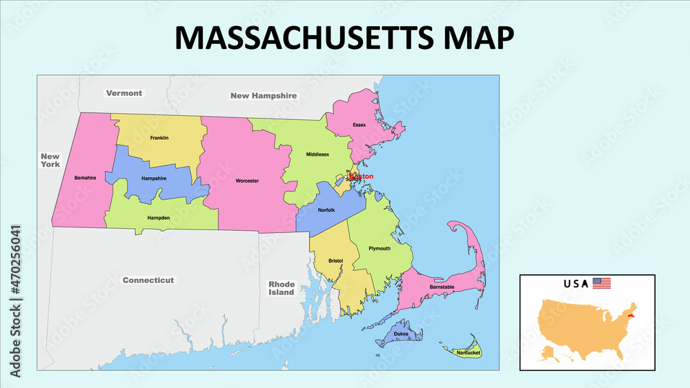 Massachusetts Map. State and district map of Massachusetts. Political