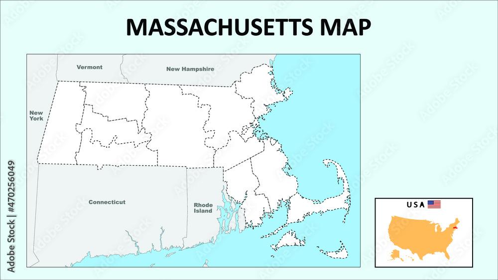 Massachusetts Map. Political map of Massachusetts with boundaries in Outline.