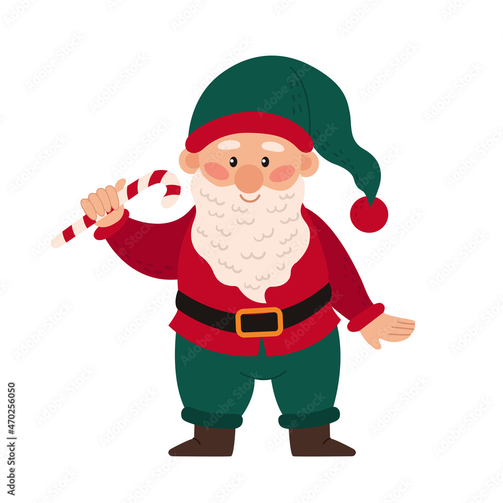 Obraz premium Happy cute xmas little gnome with beard. Cute elf dwarf is holding a caramel cane. Colored flat vector illustration of fairytale character isolated on white background.