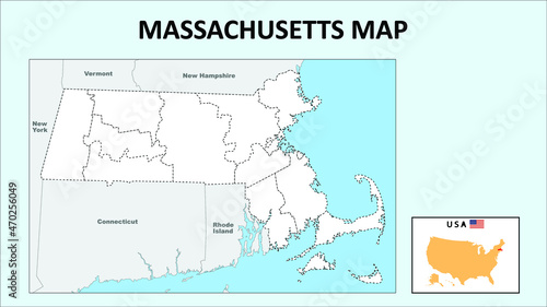 Massachusetts Map. Political map of Massachusetts with boundaries in Outline.