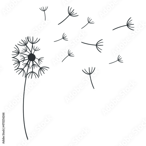 Abstract black dandelion silhouette. Dandelion flower with flying seeds. Flay simple modern illustration for tatoo, social media, textile.