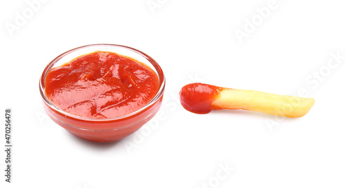 Tasty french fries with tomato sauce on white background