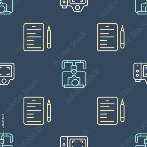 Set line Photo camera, Scenario and Gimbal stabilizer with on seamless pattern. Vector