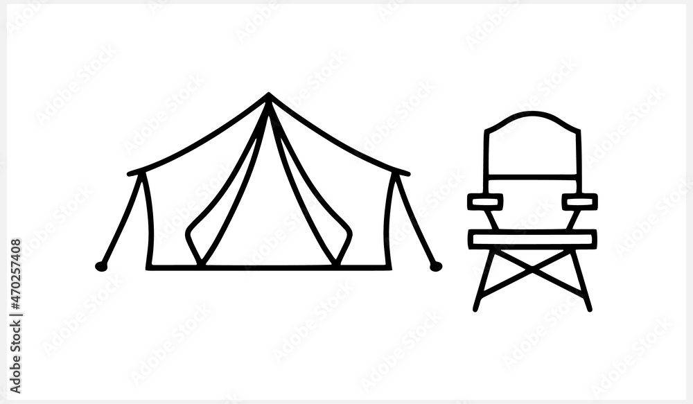 Doodle tourizm tent and chair clip art isolated. Sketch adventure. Hand drawn vector stock illustration. EPS 10 Doodle tourizm tent and chair clip art isolated. Sketch adventure. Hand drawn vector stock illustration. EPS 10