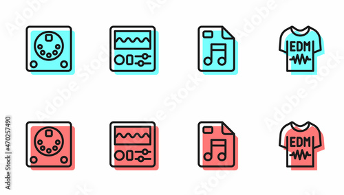 Set line MP3 file document, Drum machine, and T-shirt icon. Vector