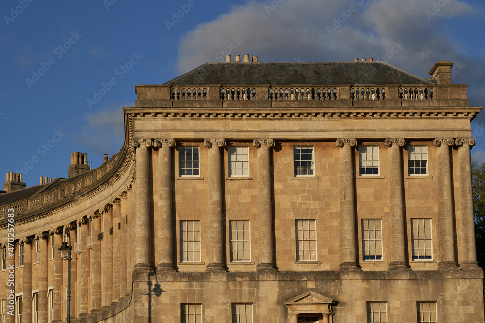 Historic Royal Crescent in the UNESCO World Heritage City of Bath in Somerset, United Kingdom. Georgian Architecture.