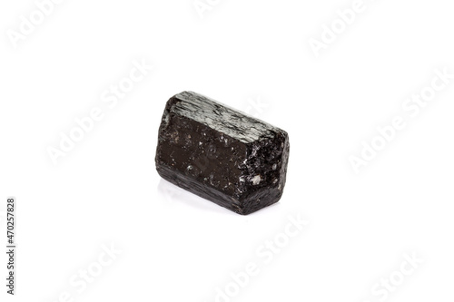 macro mineral stone schorl, black tourmaline on white background