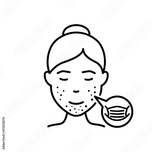 Maskne Concept. Facial Skin Irritation Line Icon. Comedo, Pimple, Allergic Cause Wear Medical Mask Outline Icon. Lady with Mask Acne Face Trouble Pictogram. Editable Stroke. Vector Illustration