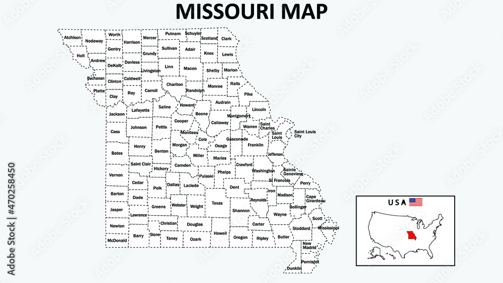 Naklejka premium Missouri Map. State and district map of Missouri. Administrative map of Missouri with district and capital in white color.