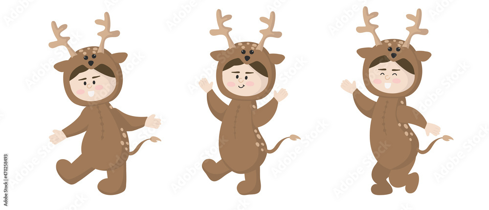 Obraz premium Vector illustration isolated on white background child in animal carnival costume. Cute cartoon baby in a deer costume in different poses