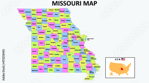 Missouri Map. State and district map of Missouri. Political map of Missouri with neighboring countries and borders.