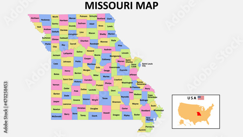 Missouri Map. District map of Missouri in 2020. District map of Missouri in color with capital.